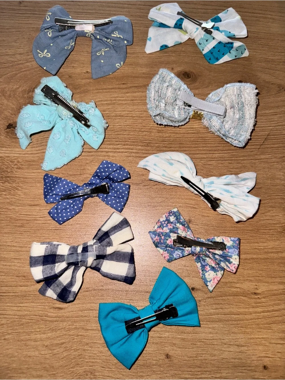 Boutique Girls Hair Bow Clip Lot of 9 Blues - Floral Gingham Fabric Bundle